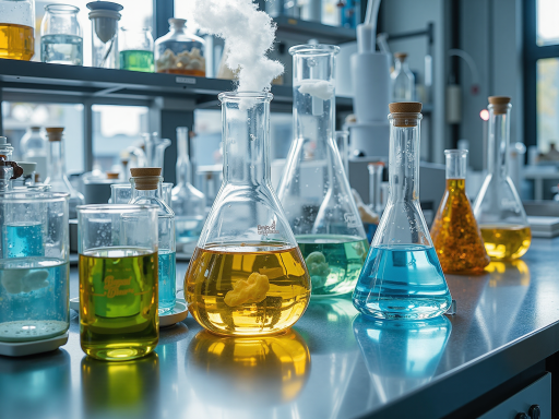 化工产品展示，实验室设备和化学试剂整齐排列